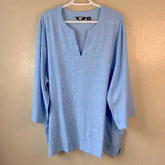 Lands End Coastal Grandma Linen Blend Blue Split Neck Tunic Size XXL - Picture 2 of 11